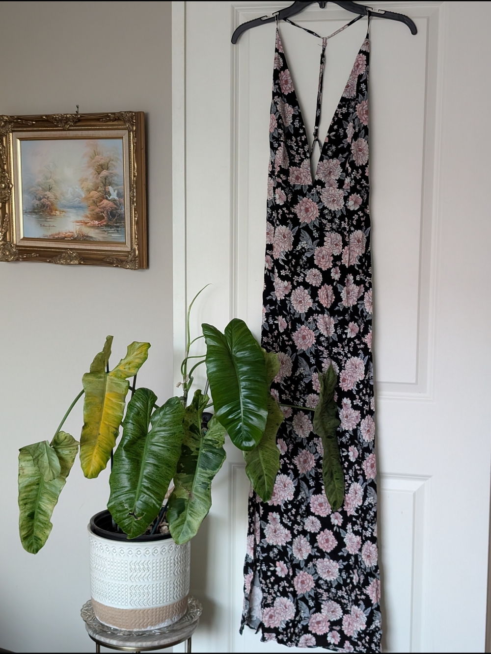 Black Floral Low Cut Maxi Dress with Pink Blooms